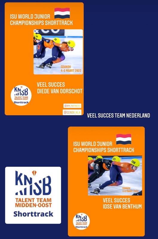 Diede van Oorschot en Idse van Benthum rijden het junior wereldkampioenschap shorttrack